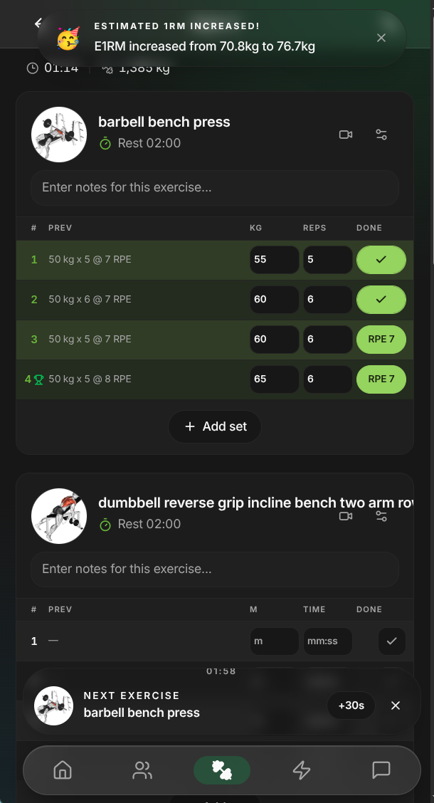 Workout logger with last session’s weight and reps already on each barbell bench press set