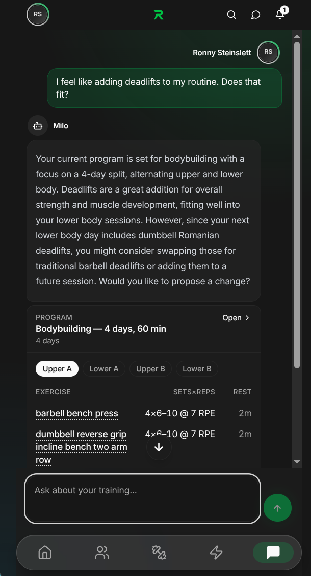 Coach answering whether deadlifts fit the current four-day program
