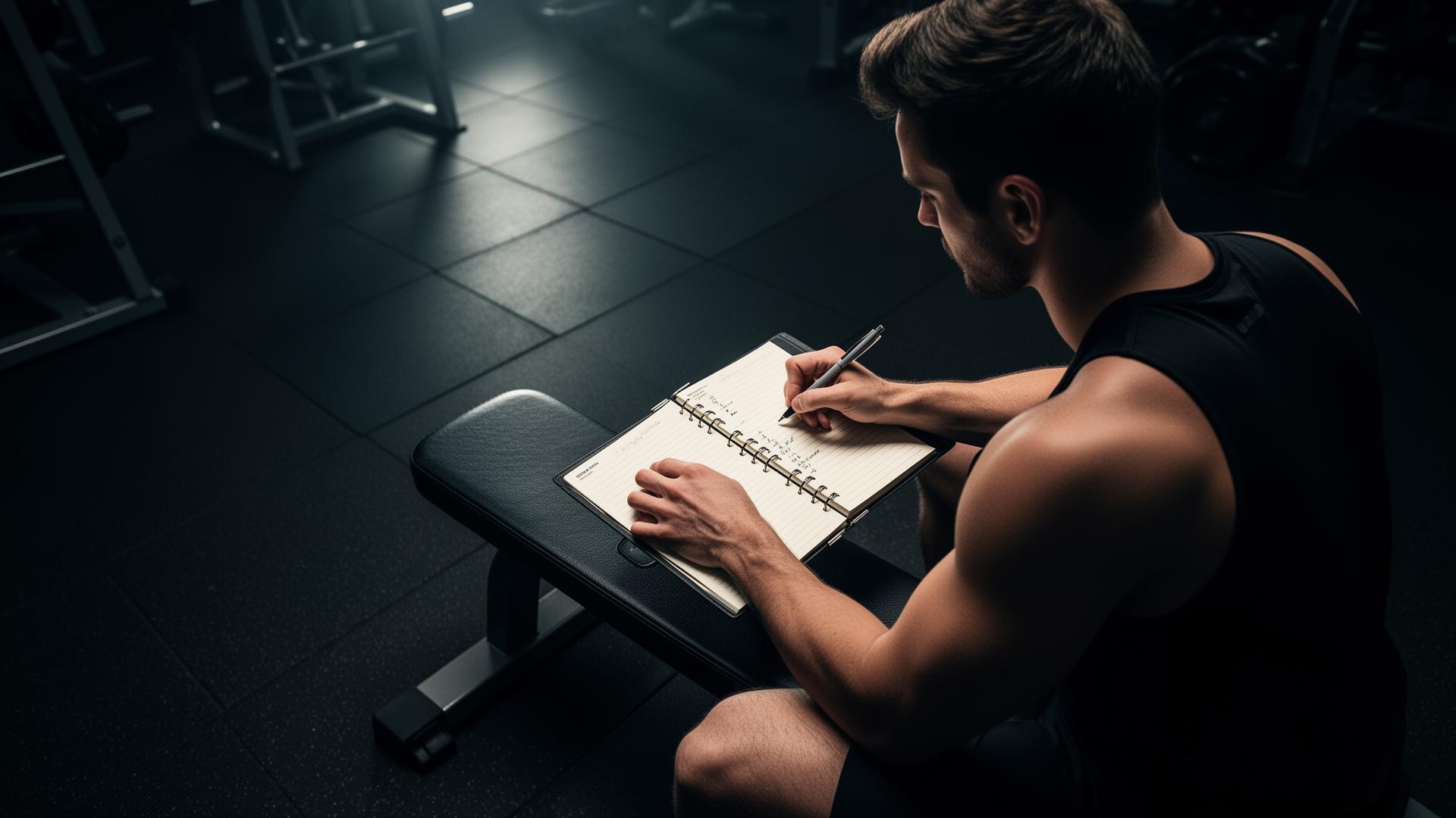 Athlete journaling training progress at a gym bench